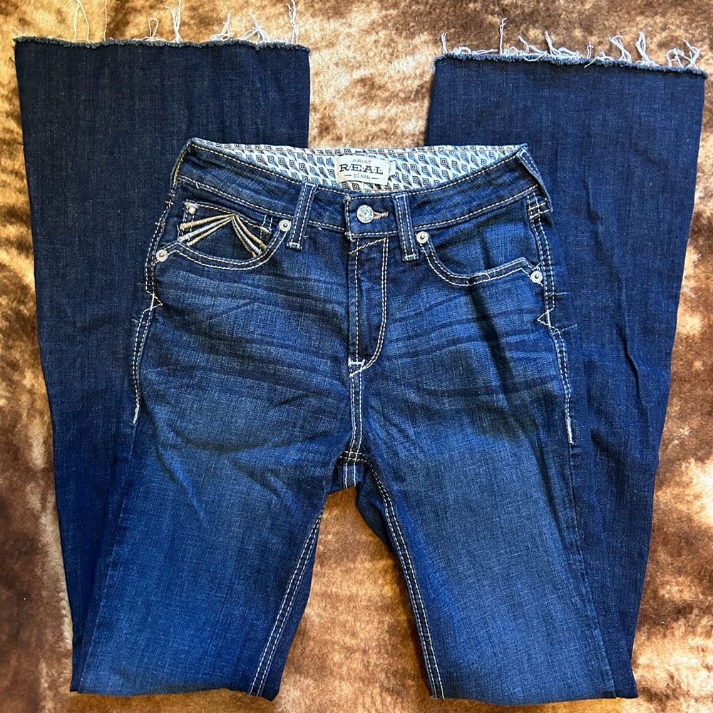 Ariat REAL Avalynn Flare Denim Jeans Women 27L Blue Frayed Hem Bootcut Ranch Far